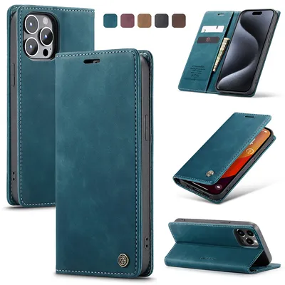 Obrázek produktu pro Pouzdro pro iPhone 15 Pro, RetroPolyuretanKožené Pouzdro s Funkcí Stojánku modré