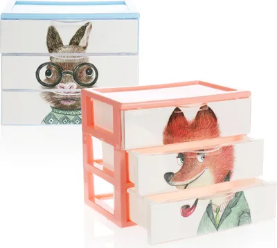 Obrázok produktu pre COM-FOUR® 2x box so zásuvkou - Plastový úložný box na detské hračky, pomôcky na ručné práce, perá - Praktický triediaci box s motívmi zvierat [výber sa líši]