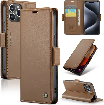 Produktbild von iPhone 15 Hülle, Leder Brieftasche Kartenfach Schutzhülle mit Standfunktion für iPhone 15 Braun