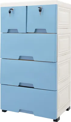 A plastic chest of drawers with blue drawers and white side panels, featuring two small locks on the top drawers.