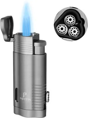 Productafbeelding van Winddichte sigarenaanstekers Stormaansteker Aanstekers 3 zaklamp Jet Blue Flames Gas hervulbare metalen aansteker met gele boor