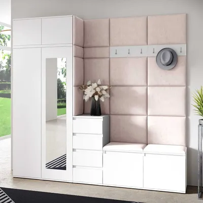 Produktbild von Garderoben-Set BERLIN – Kleiderschrank mit Polsterplatten, Schuhschrank und Schrankaufsatz 90 cm, für Flur und Eingangsbereich (Weiß, Trinity 01)