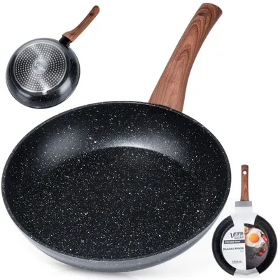 A black granite frying pan with a wooden handle is shown from multiple angles, along with a small packaging insert showing the pan with food.