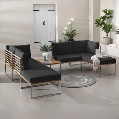 Produktbild von home24 Loungeset - 7-teilig - Webstoff / Teak Massiv