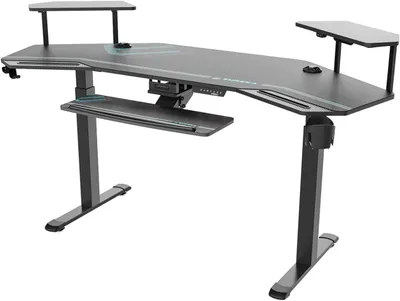 A modern, adjustable computer desk with a monitor stand and keyboard tray, presented against a white background.