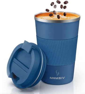 Immagine prodotto di Tazza termica per caffè, con coperchio a prova di perdite, isolamento sottovuoto, acciaio inossidabile, colore blu scuro