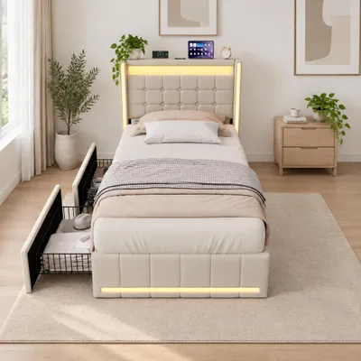Obrázek produktu pro Postel INONEFT, rozměr 90x200 cm, s úložným prostorem, dětská postel s LED osvětlením a USB/Typ C porty, jednolůžko se dvěma zásuvkami, postel s úložným prostorem a rošt, materiál: len, barva: béžová
