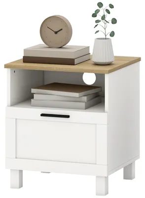 Produktbild von Moderner, minimalistischer Nachttisch mit Schublade und offenem Fach, Holz, 45 x 38 x 50 cm, Wei? und Holzfarben
