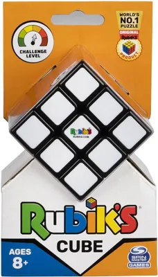 A Rubik's Cube is displayed in its retail packaging.