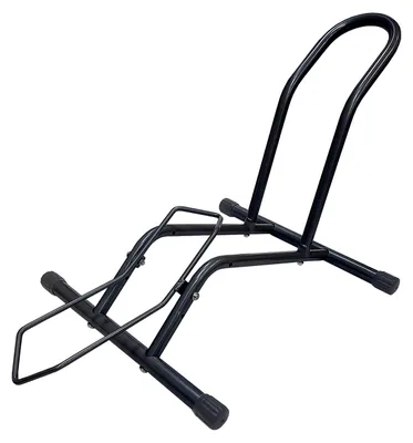 Productafbeelding van Relaxdays fietsenstandaard, voor op de grond, geschikt voor fietsen met een wielmaat van 16-29 inch, met een bandbreedte tot 9 cm, met steun voor zowel voor- als achterwiel, met een wiegfunctie, van ijzer, zwart, AI-gegenereerde afbeelding