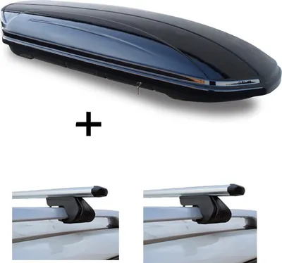 Immagine prodotto di Box da tetto VDPMAA580 da 580 litri, con serratura, nero + barre portatutto CRV107 compatibili con VW Sharan II (5 porte) dal 2010