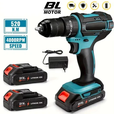 Produktbild von 3-in-1 Akku Schlagbohrschrauber - 10 mm bürstenloser Bohrer/Schrauber - 520 Nm Drehmoment - für 18V Akku - Set mit 2 Akkus