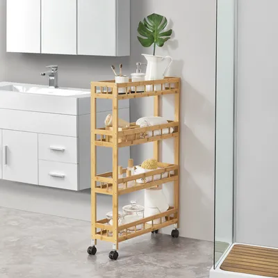 Obrázok produktu pre Kuchynský vozík Pyhäjoki na kolieskach Bambusový servírovací vozík Skladovací vozík 96 x 60 x 18 cm Skladovací vozík Nature