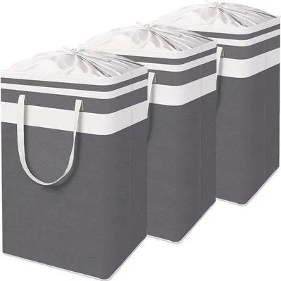 Produktbild von Famanu Wäschekorb Set von 3 - Wasserabweisend, Faltbar, für Schlafzimmer, Badezimmer und Kinderzimmer, Weiß/Grau