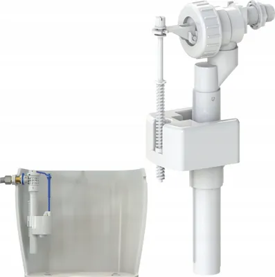 A white toilet fill valve and a toilet cistern are shown against a white background.