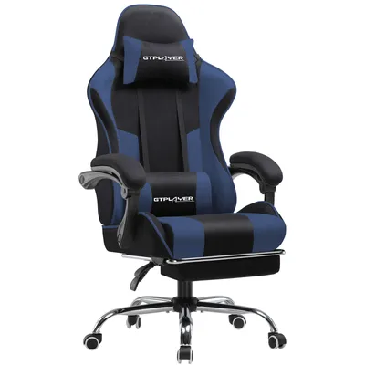 A blue and black gaming chair with a headrest and lumbar pillow, shown from the front on a white background.