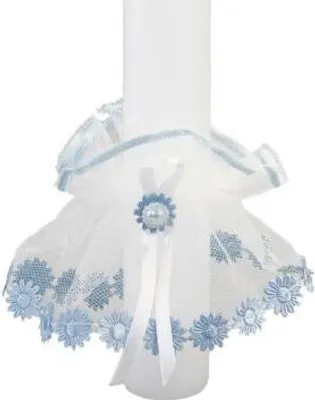 Produktbild von Kerzen Röckchen aus Tüll Blau, geeignet für Kerzen bis Ø 5 cm, für Taufkerze, Kommunionkerze, Kommunionskerze