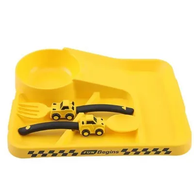 Produktbild von Lustiger Bagger Besteck Kinder Set mit Teller, Spülmaschinenfestes Baggerbesteck, Essgeschirr für Kinder, BPA-frei, Thema Baustelle - JOOPLATE