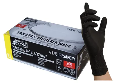 Produktbild von NITRAS BIG BLACK WAVE, Nitril-Einmalhandschuhe, schwarz, EN 455, EN ISO 21420, EN ISO 374, EN 421, Box à 200 Stück Gr.: M