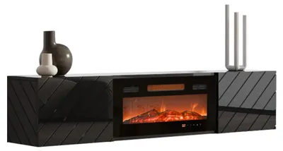 Produktbild von MIRJAN24 TV-Lowboard Luxe mit Kamin, zwei Drehtüren, Realistische LED-Flamme, Gehärtetes Glas, 180x33x39 cm (Farbe: Schwarz / Schwarz Hochglanz)