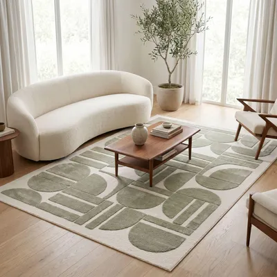 Zdjęcie produktu dla Dywan z wysokiego włosia, wzór geometryczny, kolor: zielony i kremowy, rozmiar: 140x200 cm