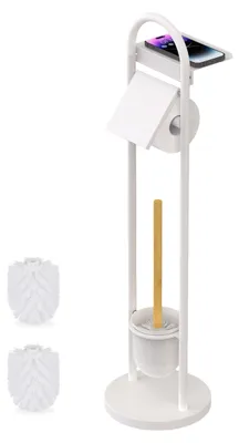 Produktbild von Relaxdays WC Garnitur, HxBxT: 79 x 21,5 x 21,5 cm, stehender Klopapierhalter mit Ablage & Toilettenbürste, weiß/natur
