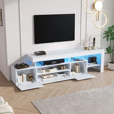 Produktbild von STILVORA TV-schrank Fernsehschrank mit 3 schränke und Hochglanz,Fernsehtisch mit drei Klapptüren für Fernseher um 85 Zoll,Weiß