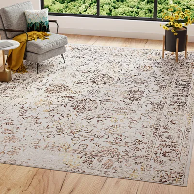 A living room scene with a rug, chair, and window.