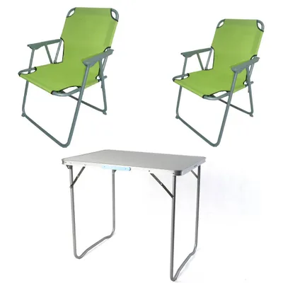 Two green camping chairs and a foldable table.