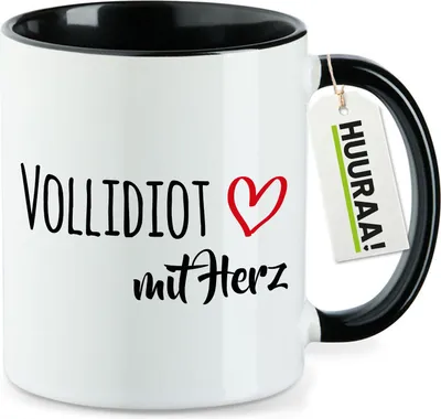 Produktbild von Huuraa Kaffeetasse Vollidiot mit Herz 330ml Schwarz Keramik Kaffeebecher Geschenkidee
