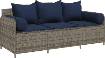 Produktbild von vidaXL Gartensofa mit Kissen 3-Sitzer Grau Poly Rattan