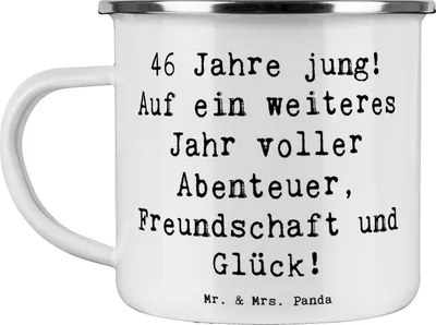 Produktbild von Mr. & Mrs. Panda Teetasse Spruch 46. Geburtstag - Weiß - Geschenk, Geburtstagskarte, feiern, Pott, becher emaille, Glückwunsch, 46 Jahre jung, Haferl, Tasse, Liebevoll