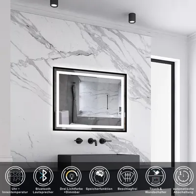 Produktbild von AICA LED Badspiegel Rechteck 80x60cm Beschlagfrei Bluetooth Uhr 3 Lichtfarbe Dimmbar Wandspiegel mit Schwarzem Rahmen IP44