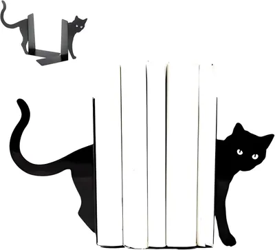 Produktbild von Set mit 2 dekorativen Buchstützen aus Metall – Schwarzes Katzenmotiv – Für Bücher- und Katzenliebhaber