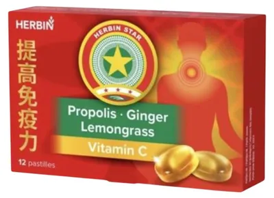 Pastilky/cukříky na cucání se zázvorem, propolisem a vitaminem C - 12 ks - Herbin