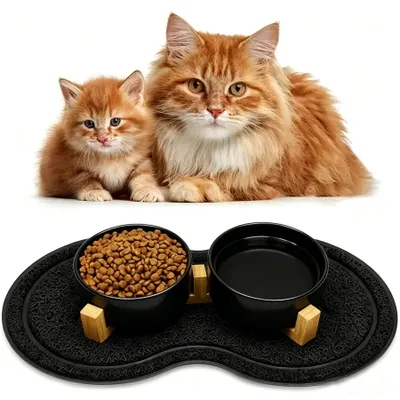 Image de Distributeur de nourriture double pour chats et chiens, avec support en bois