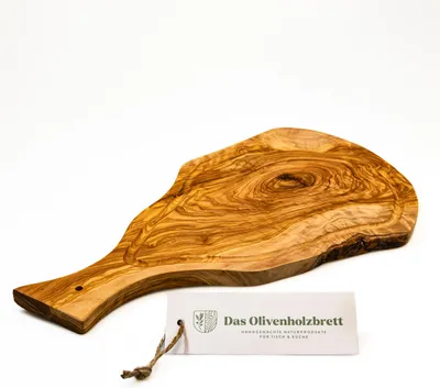 Produktbild von Steakbrett aus Olivenholz mit Saftrille und Griff 40 cm