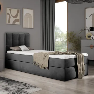 Immagine prodotto di Letto matrimoniale 90x200 Adelle con contenitore, completo di materasso a molle Bonell e topper H3. Set completo, letto imbottito in velluto, colore grigio