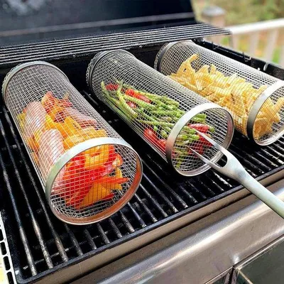Obrázek produktu pro Přenosný obal na gril pro kempování – nerezový rošt pro venkovní grilování – přenosný gril na kuřata, krevety a kebab – držák na maso (30 cm)
