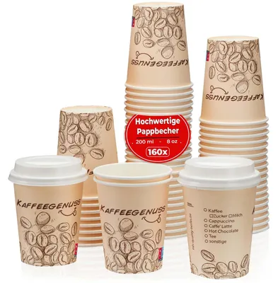 Produktbild von Pappbecher 200ml Hellbraun 160 Stück Einweg Kaffeebecher Coffee to go | Kaffeebecher 200ml | 8oz | Pappbecher hellbraun | Heißgetränkebecher