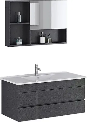A bathroom vanity set with a sink and a mirrored cabinet above it, displayed against a white background.