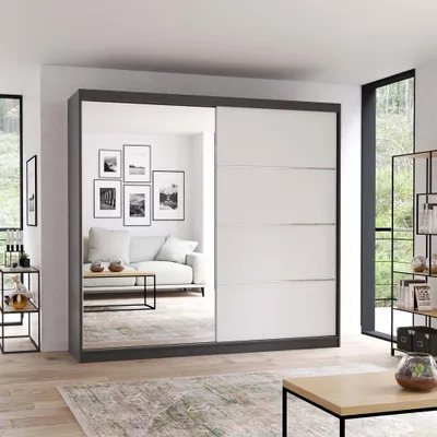 Produktbild von Schwebetürenschrank Kleiderschrank Schrank 203 cm Grau/Weiß mit Spiegel und LED - Multi 42