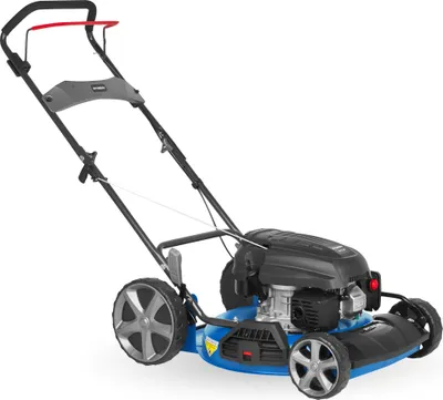 A blue and black Hyundai petrol lawnmower is shown against a white background.