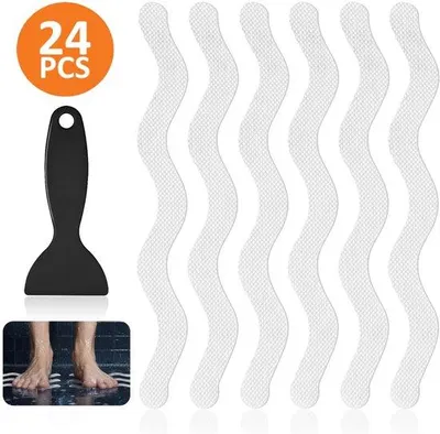 Immagine prodotto di 24 adesivi antiscivolo - 18 x 1,3 cm - a forma di S - trasparenti - per bagni, docce e superfici lisce - con carta abrasiva - trasparenti