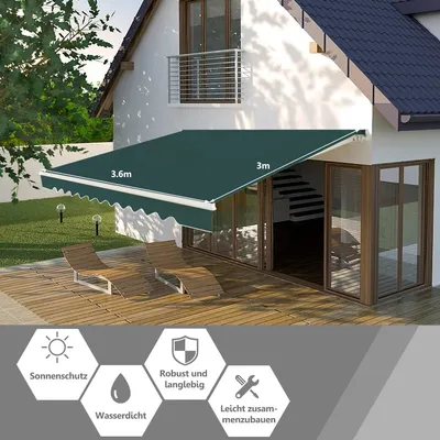 Produktbild von GOPLUS 3,6x3m Gelenkarmmarkise, 40°-100° eingestellt Markise, Balkonmarkise mit Handkurbel, Anti-UV & Wasserfest, Grün