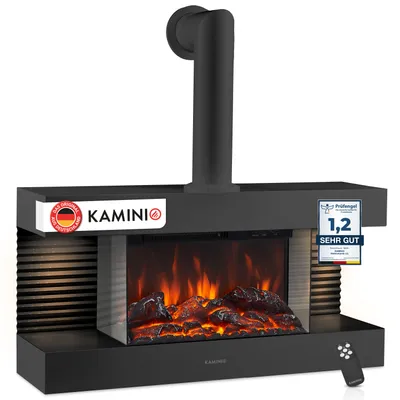 Produktbild von KAMINIO Elektrokamin LIZ mit Ofenrohr - Elektrischer Wandkamin mit Heizung, 3D-Flammeneffekt, LED-Ambientelicht, Fernbedienung - Schwarz
