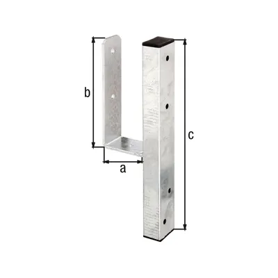 A galvanized metal post anchor with measurement labels.