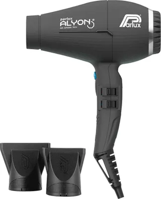 A black Parlux Alyon hair dryer with two black nozzle attachments is shown against a white background.
