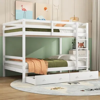 Produktbild von Odikalo Kinderbett Etagenbett Schubladen Stauraum Hohe Geländer Lattenrost Weiß 140x200cm