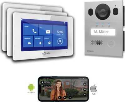Produktbild von Goliath Basic Line 2-Draht Video Türsprechanlage Weiß/Silber : Aufputzdose : 3 Monitore Türklingel Montagedose: Aufputzdose Monitor Anzahl: 3 Monitore